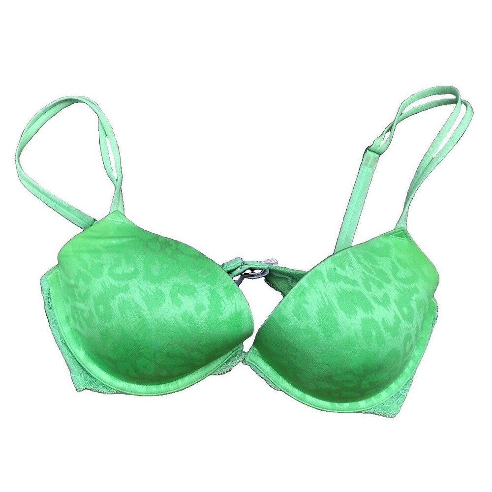 Victorias Secret Bombshell Plunge Bra 34D Green Leopard Lace Push Up Adds 2 Cups